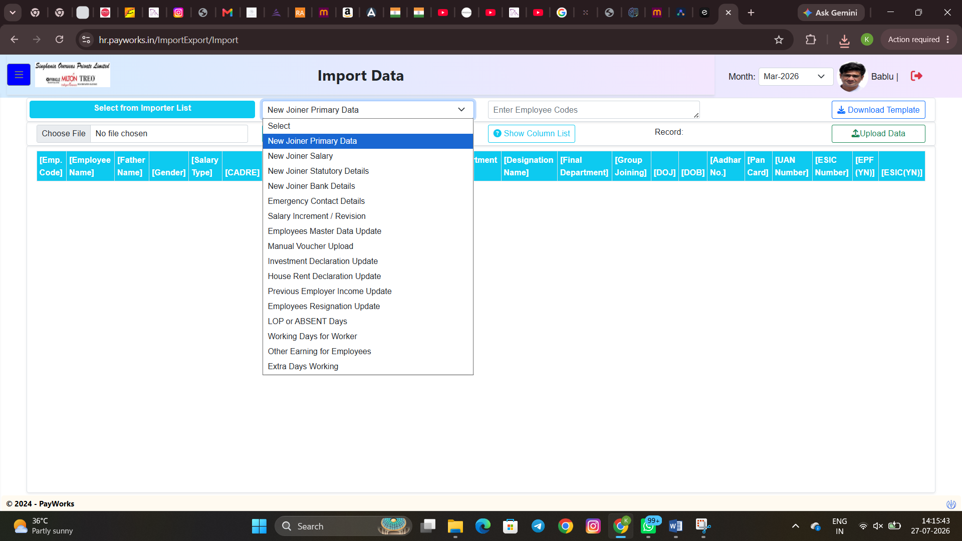 Bulk import and export data screen